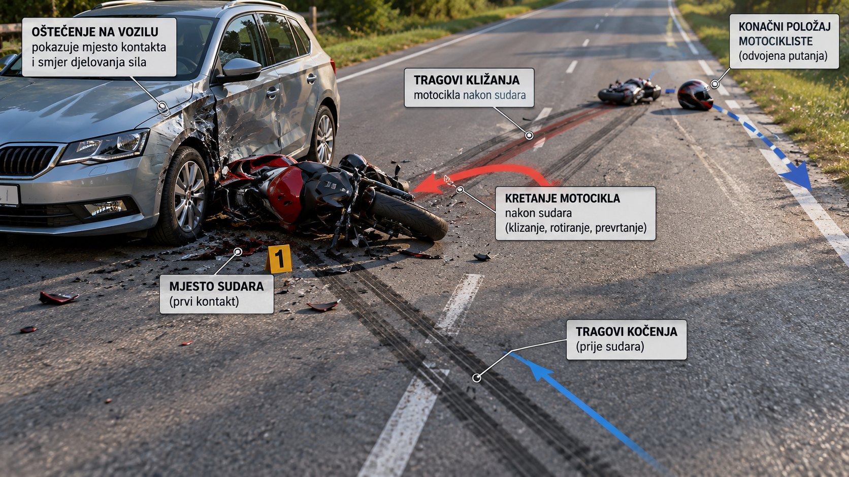 Saobraćajna nezgoda sa motociklom – ilustracija analize tragova