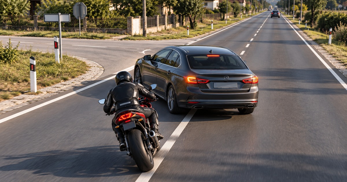 Automobil skreće ulijevo dok motocikl pretiče sa lijeve strane