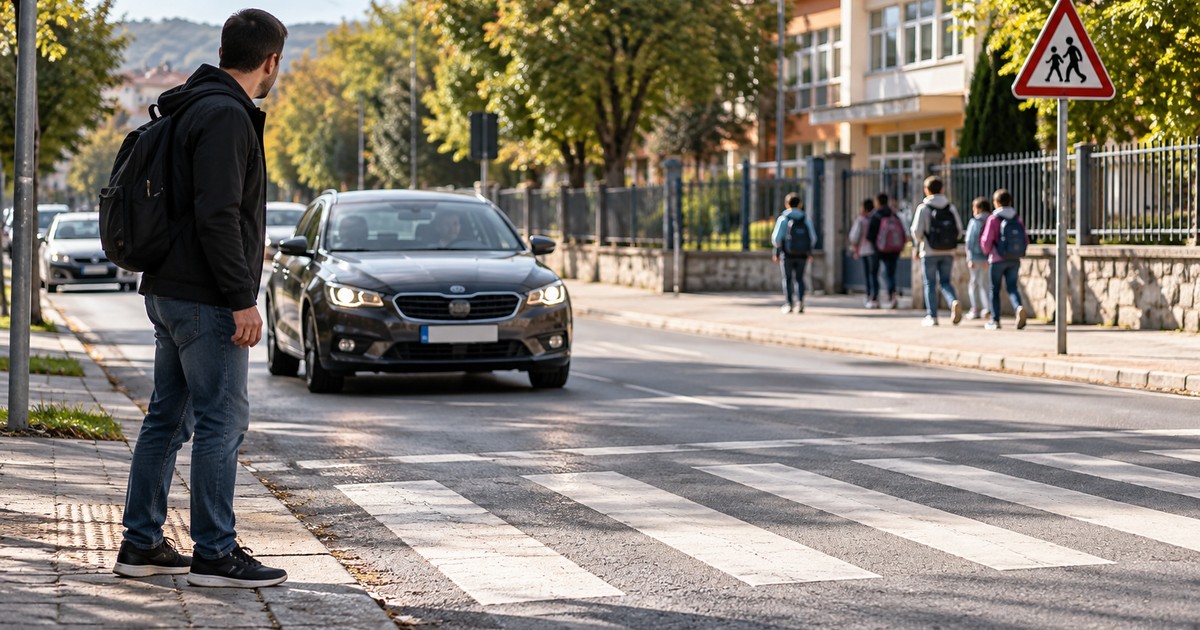 Pješak ispred pješačkog prelaza u blizini škole